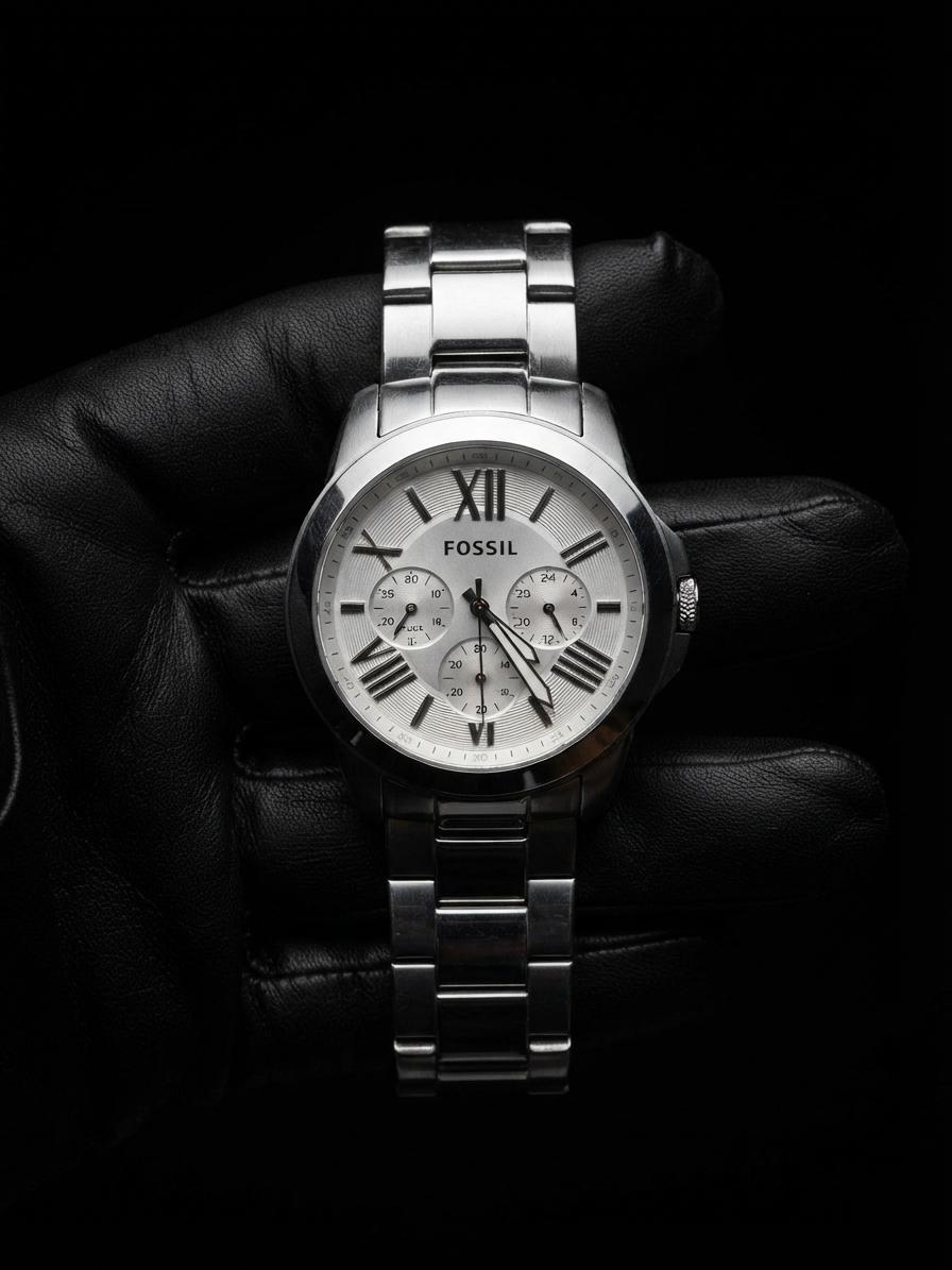 Fossil AM-4309 gümüş tonlu kadran ve çelik bilezik ön görünüm