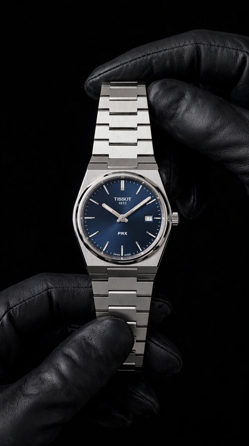 Tissot PRX mavi kadran ve metal bilezik tam ön görünüm